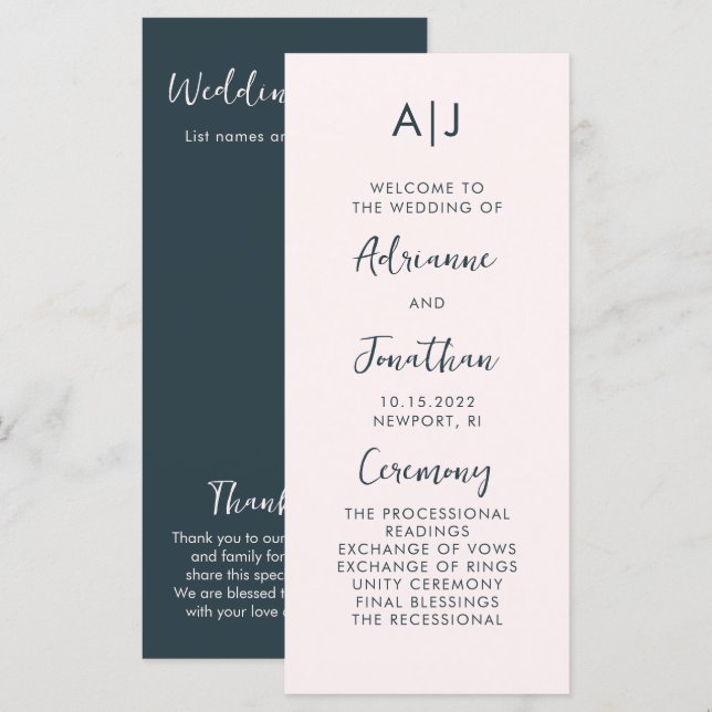 Modern Blush Blue Wedding Ceremony Program (Front/Back)
