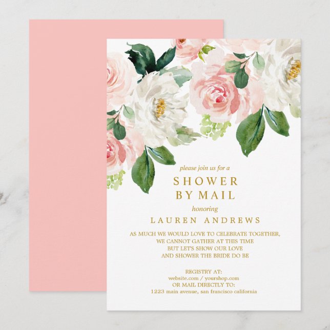 Modern Blush Bouquet Cancelled Shower Gold Wedding Invitation (Front/Back)