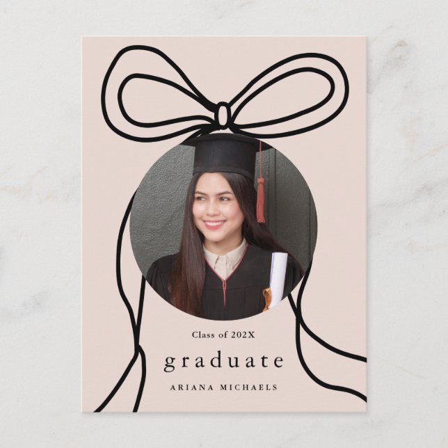 Modern Blush Bow One Photo Graduation Party Invite (Front)