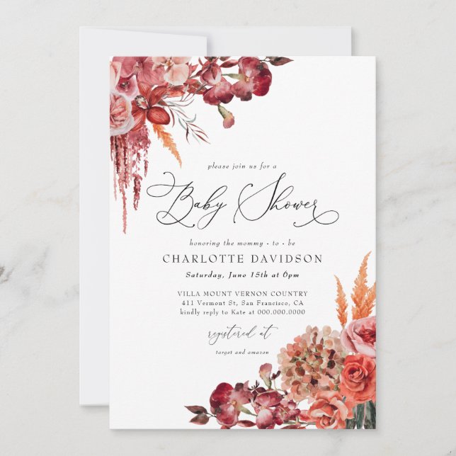Modern Blush Burgundy Floral Fall Girl Baby Shower Invitation (Front)