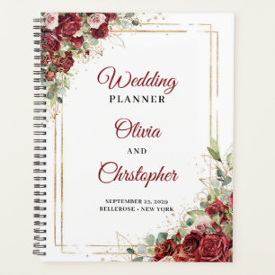 Modern blush burgundy floral gold frame wedding planner