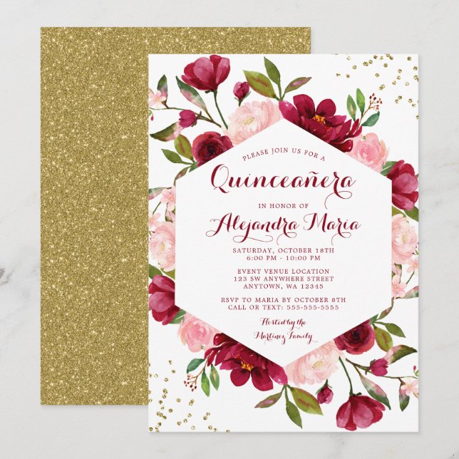 Modern Blush Burgundy Floral Quinceanera Invitation (Front/Back)