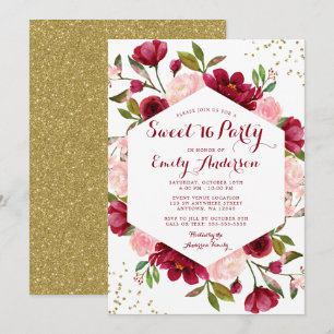 Modern Blush Burgundy Floral Sweet 16 Invitation