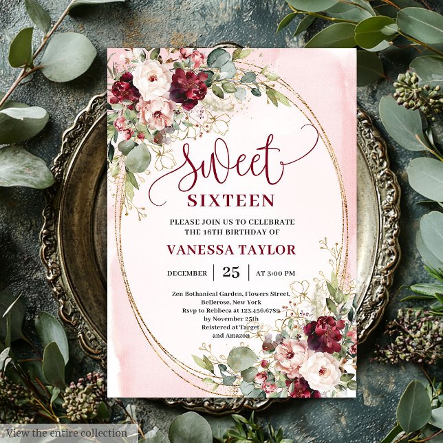 Modern Blush Burgundy Gold Floral Sweet Sixteen  Invitation (Modern Blush Burgundy Gold Floral Sweet Sixteen Invite

)