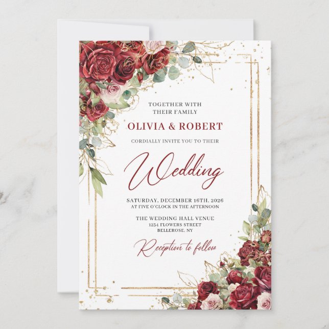 Modern blush & burgundy roses gold wedding invite (Front)