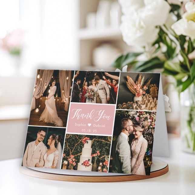 Modern Blush Calligraphy 6 Photo Collage Wedding Thank You Card (Creator Uploaded)