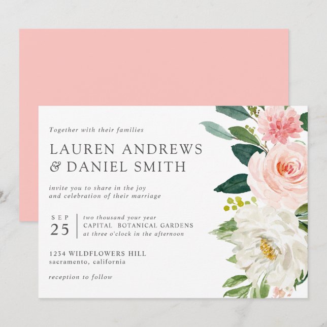 Modern Blush | Chic Botanical Pink Floral wedding Invitation (Front/Back)