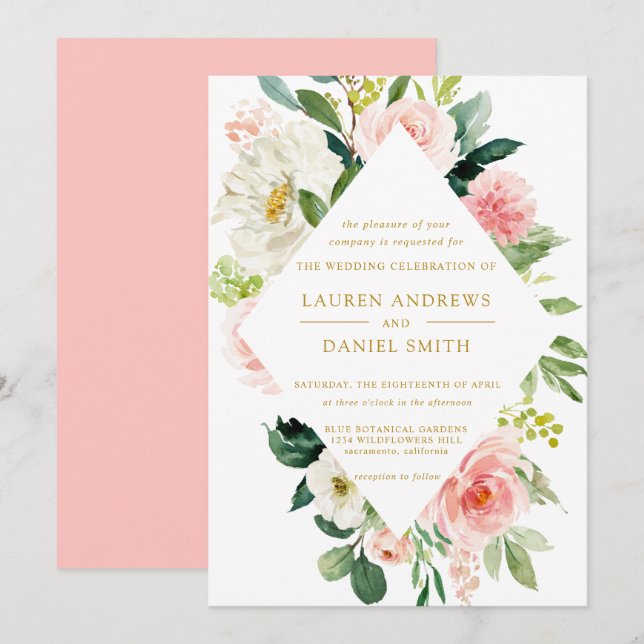 Modern Blush | Chic Diamond GOLD Floral Wedding Invitation (Front/Back)