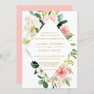 Modern Blush   Chic Diamond GOLD Floral Wedding Invitation
