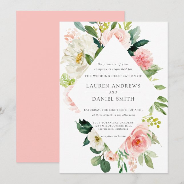 Modern Blush | Chic Diamond Pink Floral Wedding Invitation (Front/Back)