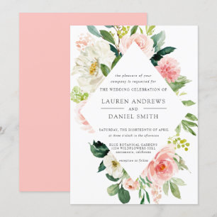 Modern Blush Chic Diamond Pink Floral Wedding Invitation