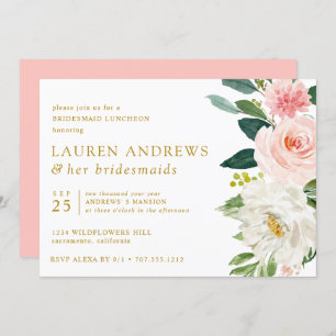 Modern Blush Chic Floral Gold Bridesmaid Luncheon Invitation