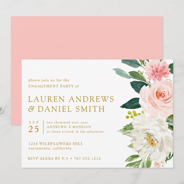Modern Blush | Chic Floral Gold Engagement Party Invitation (Front/Back)