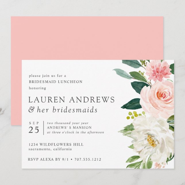 Modern Blush Chic Floral Pink Bridesmaid Luncheon Invitation (Front/Back)