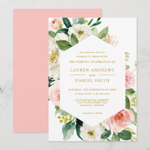 Modern Blush Chic Geometric Gold Floral Wedding Invitation