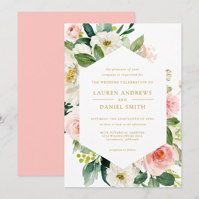 Modern Blush | Chic Geometric Gold Floral Wedding Invitation (Front/Back)