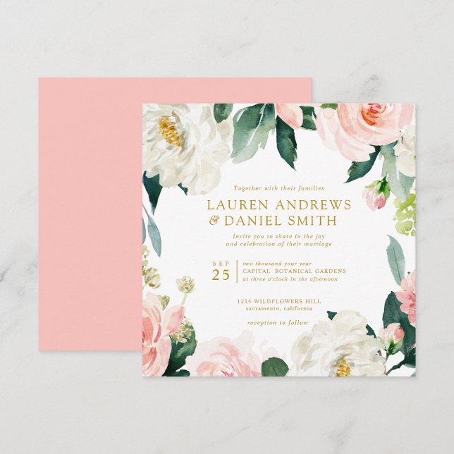 Modern Blush | Chic Gold Botanical Garland wedding Invitation (Front/Back)