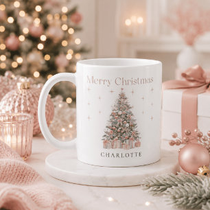 Modern Blush Christmas Tree – Personalised Holiday Coffee Mug