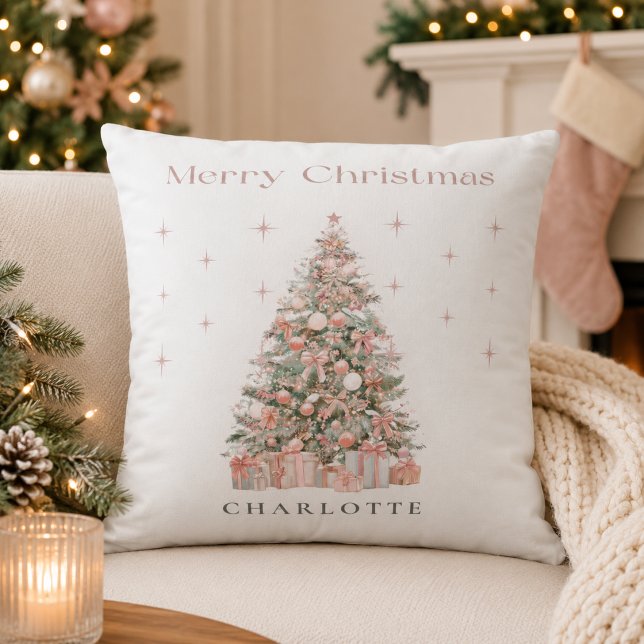 Modern Blush Christmas Tree – Personalised Holiday Cushion (Creator Uploaded)
