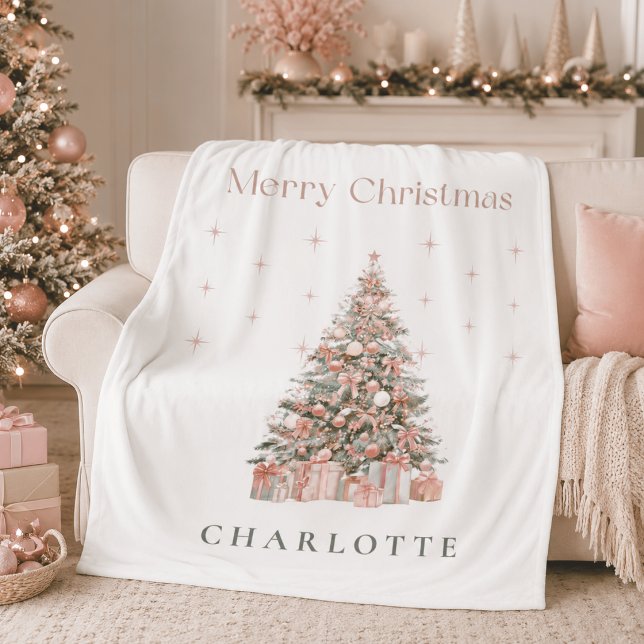 Modern Blush Christmas Tree Personalised Holiday  Fleece Blanket (Creator Uploaded)