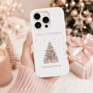 Modern Blush Christmas Tree Personalised Holiday iPhone 15 Pro Case