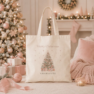Modern Blush Christmas Tree Personalised Holiday Tote Bag