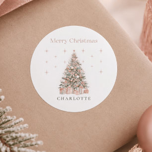 Modern Blush Christmas Tree – Personalized Holiday Classic Round Sticker
