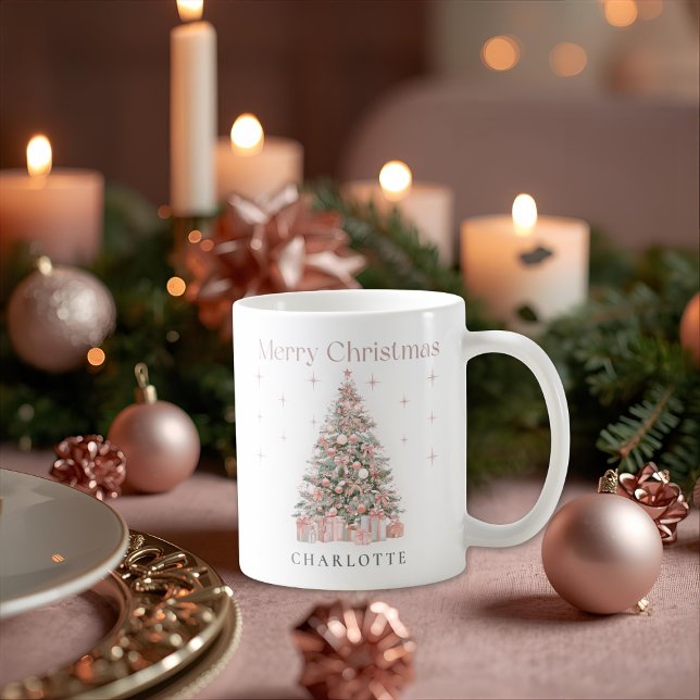 Modern Blush Christmas Tree – Personalized Holiday Coffee Mug (Creator Uploaded)