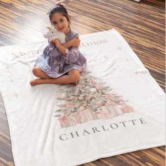 Modern Blush Christmas Tree Personalized Holiday  Fleece Blanket