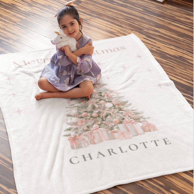 Modern Blush Christmas Tree Personalized Holiday  Fleece Blanket (Creator Uploaded)