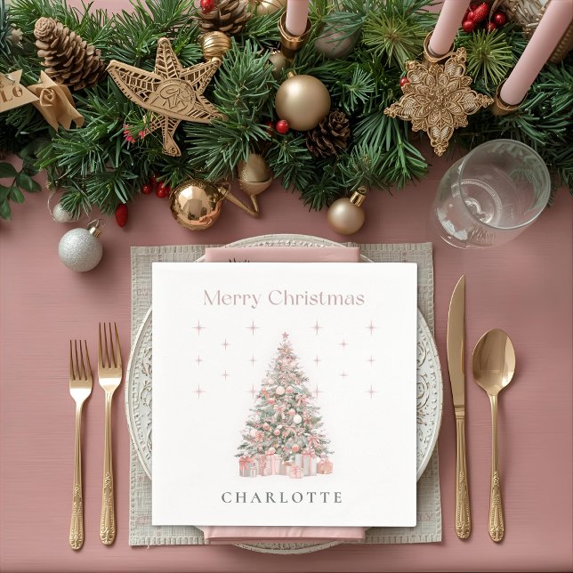 Modern Blush Christmas Tree Personalized Holiday  Napkin (Creator Uploaded)