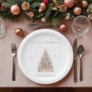 Modern Blush Christmas Tree Personalized Holiday Paper Plate