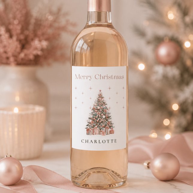 Modern Blush Christmas Tree Wine Label (Creator Uploaded)