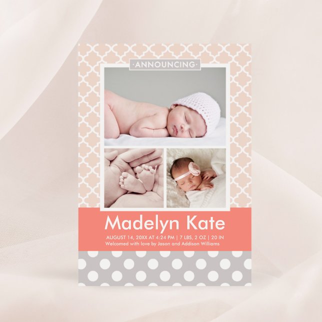 Modern Blush Coral Pattern Baby Girl Photo Birth Announcement (Creator Uploaded)