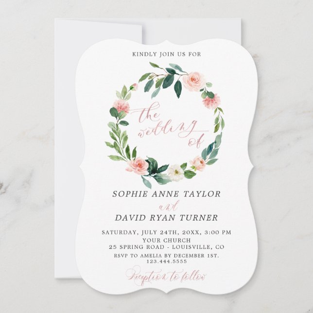 Modern Blush Cream Floral Rose Gold Wedding Invitation (Front)