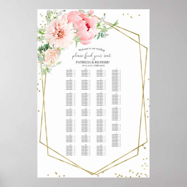 Modern Blush Floral Alphabetical Seating Chart (Front)