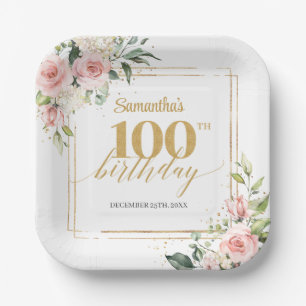 Modern blush floral eucalyptus gold 100th birthday paper plate