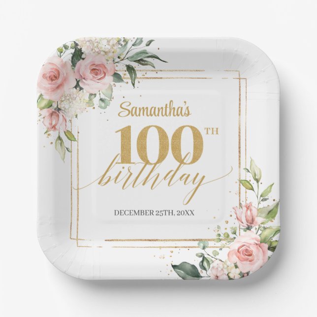 Modern blush floral eucalyptus gold 100th birthday paper plate (Front)