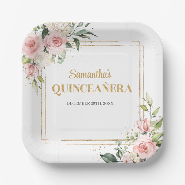 Modern blush floral eucalyptus gold QUINCEAÑERA Paper Plate (Front)