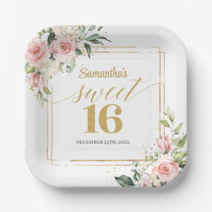 Modern blush floral eucalyptus gold sweet sixteen paper plate