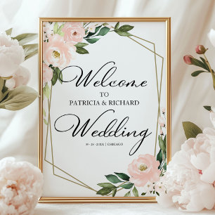 Modern Blush Floral Geometric Wedding Welcome Sign