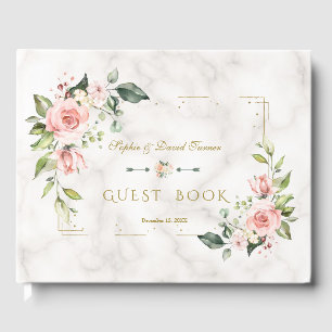 Modern Blush Floral Gold Glitter Marble Wedding Guest Book