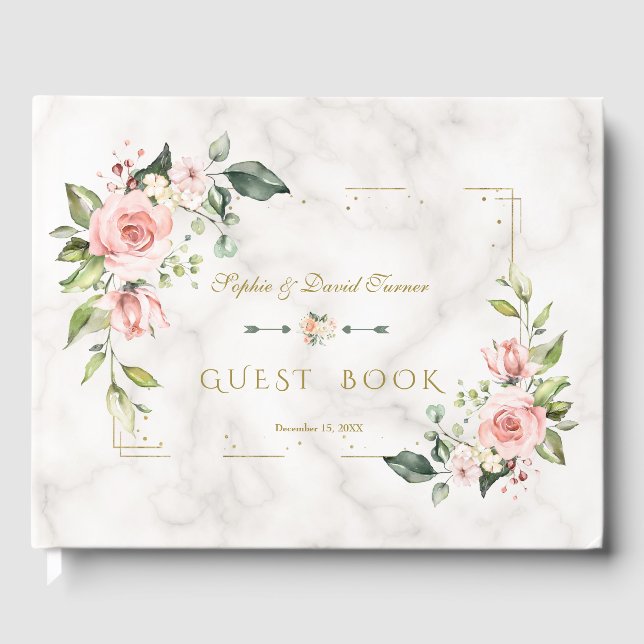 Modern Blush Floral Gold Glitter Marble Wedding Guest Book (Front)