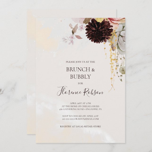 Modern Blush Floral | Marble Brunch and Bubbly Invitation (Front/Back)