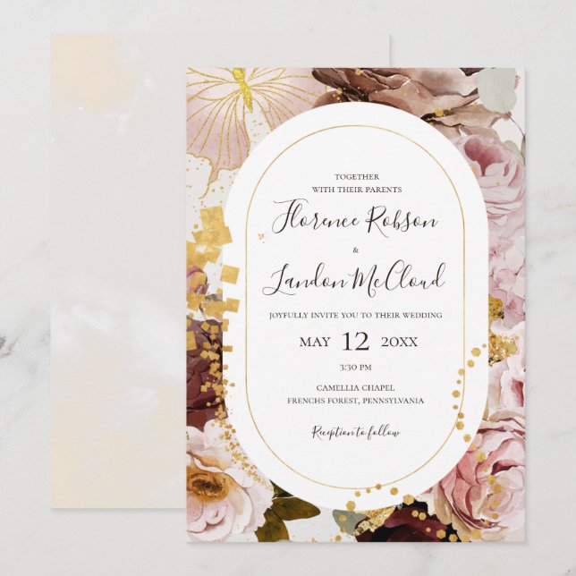 Modern Blush Floral | Marble Frame Casual Wedding Invitation (Front/Back)