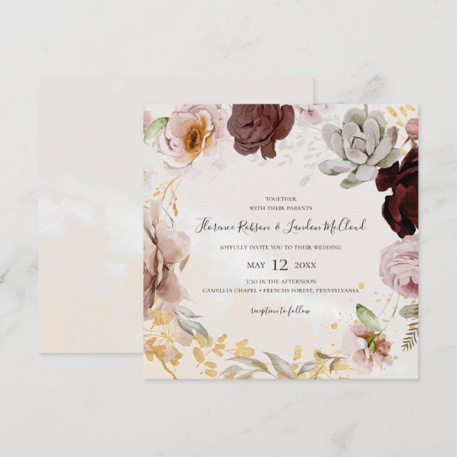 Modern Blush Floral | Marble Square Wreath Wedding Invitation (Front/Back)