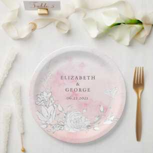 Modern Blush Floral Monogram Wedding Paper Plate