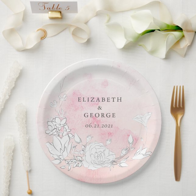 Modern Blush Floral Monogram Wedding Paper Plate (Wedding)