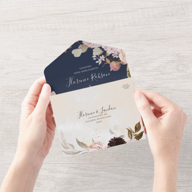 Modern Blush Floral Navy and Marble Seal And Send All In One Invitation (Opening)