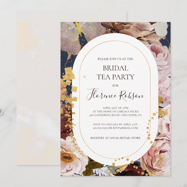 Modern Blush Floral | Navy Bridal Tea Party Invitation (Front/Back)